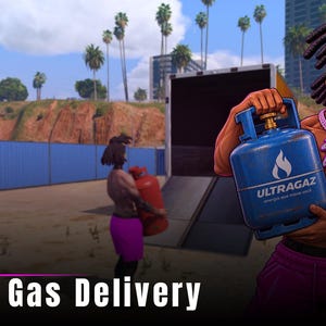 Pode incluir: Uma ilustração digital de uma personagem musculada com dreadlocks a segurar uma botija de gás azul Ultragaz. A personagem usa um colar de corrente rosa com o texto Zyra Lab e calções roxos. O texto Zyra Gas Delivery aparece em baixo.