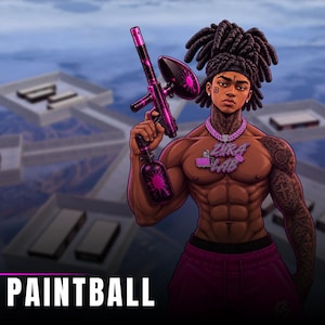 May include: A digital illustration of a muscular character with dark dreadlocks holding a black and pink paintball marker. The character wears a pink chain necklace with a Zyra Lab pendant and dark pink shorts. The text Zyra Paintball is visible.