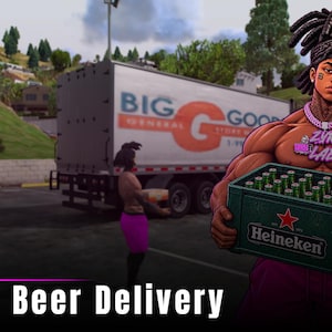 May include: A digital illustration of a muscular character with dreadlocks, wearing a pink chain and shorts, holding a green plastic crate filled with Heineken beer bottles. In the background, a large white semi-truck displays the text BIG GOOD.