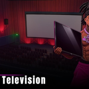 Puede incluir: Una ilustración digital que muestra a un personaje con cabello oscuro trenzado, tatuajes y un collar de cadena rosa sosteniendo un televisor de pantalla plana negro. El fondo muestra un cine con cortinas rojas. El texto dice ZYRA TELEVISION.