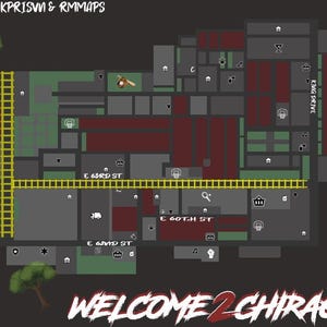 Könnte beinhalten: Eine digitale Karte mit dem Titel WELCOME 2 CHIRAQ, erstellt von KPRISVN & RMMAPS, mit einem dunkelgrauen Layout, roten und grünen Zonen, gelben Rasterlinien, beschrifteten Straßen wie E 63RD ST, E 60TH ST, E 62ND ST, Parkway Gardens und einem Schulsymbol.