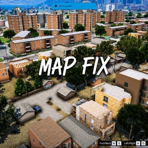 May include: A high-angle digital rendering of a residential neighborhood featuring multiple brown apartment buildings and houses with green trees, with the white text MAP FIX centered prominently over the urban landscape view.