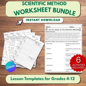 Puede incluir: Un paquete de hojas de trabajo sobre el método científico que incluye varias páginas educativas con texto, diagramas y actividades de emparejamiento. Los documentos incluyen encabezados como The Six Steps of the Scientific Method.