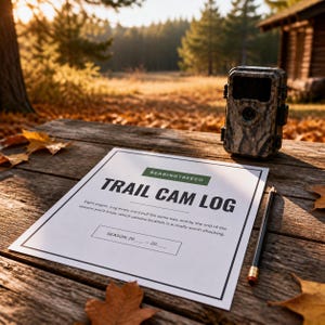 Może przedstawiać: Biały papierowy dziennik fotopułapki z czarnym tekstem BEARINGTREECO i TRAIL CAM LOG, któremu towarzyszy czarny ołówek oraz fotopułapka w kamuflażu. Dziennik zawiera pola na daty sezonu oraz instrukcje dotyczące monitorowania kart pamięci.