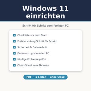 Könnte beinhalten: Ein digitales Dokument mit dem Titel Windows 11 einrichten und einer Checkliste mit den Punkten Checkliste vor dem Start, Ersteinrichtung Schritt für Schritt, Sicherheit & Datenschutz, Datenumzug vom alten PC, Häufige Probleme gelöst und Cheat-Sheet zum Abhaken.