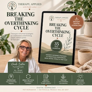May include: A digital tablet displays a 35-page workbook titled Breaking the Overthinking Cycle by Therapy, Applied with Heidi Lester. The screen features a green and beige landscape graphic, a leafy branch illustration, and text about therapist-informed strategies.