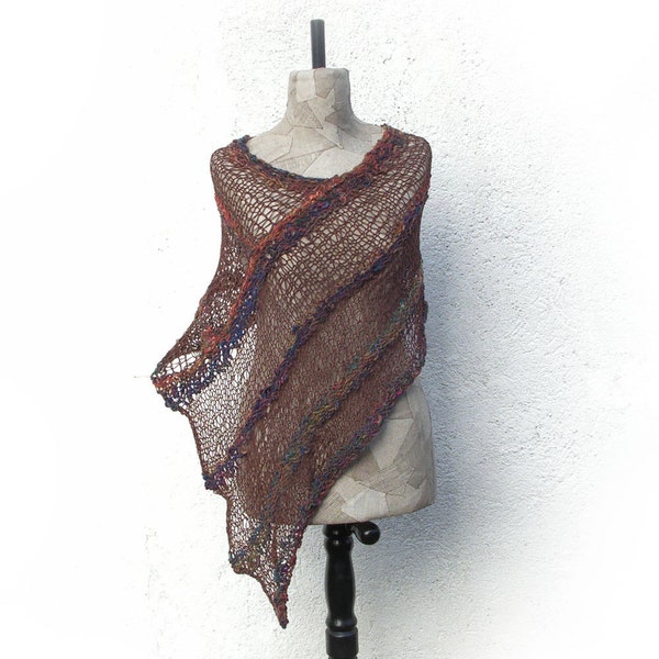Brown women poncho hand knitted , Gypsy Boho clothing , Unique asymmetrical wrap - Boho style shawl merino wool -knit  scarf  Handspun yarn