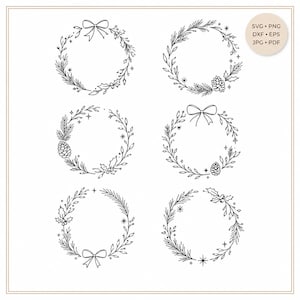 May include: A collection of six black and white line art circular wreaths featuring botanical elements like pine needles, holly leaves, berries, pinecones, and bows. The text SVG, PNG, DXF, EPS, JPG, PDF is visible in the top right corner.
