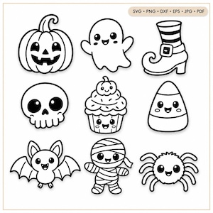 Op de afbeelding: Een verzameling van negen zwart-wit Halloween-illustraties met een pompoen, een geest, een heksenlaars, een schedel, een cupcake, snoepmaïs, een vleermuis, een mummie en een spin. De tekst bovenaan luidt SVG PNG DXF EPS JPG PDF.