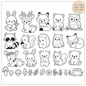 May include: A collection of black and white line art illustrations featuring woodland animals including a rabbit, deer, fox, bear, owl, raccoon, squirrel, and hedgehog, along with mushrooms, leaves, flowers, and a tree stump. Text reads SVG PNG DXF EPS JPG PDF.