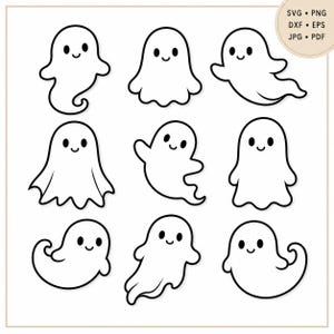 Pode incluir: Uma coleção de nove ilustrações de linha em preto e branco de fantasmas com traços faciais simples, incluindo olhos e um sorriso. O texto no canto superior direito diz SVG, PNG, DXF, EPS, JPG e PDF, indicando os formatos disponíveis.