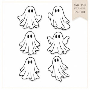 Op de afbeelding: Een digitale grafische set met zes verschillende witte spookillustraties met zwarte omlijningen en ovale ogen. Elk spook heeft een unieke pose met vloeiende stoffen randen. Een banner toont de tekst SVG, PNG, DXF, EPS, JPG, PDF.