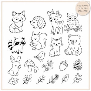 Op de afbeelding: Een verzameling zwart-wit lijntekeningen met een vos, egel, hert, uil, wasbeer, eekhoorn, kat, beer, konijn, vogel, paddenstoelen, eikels, dennenappel en diverse bladeren en takken. De tekst in de hoek luidt SVG PNG DXF EPS JPG PDF.
