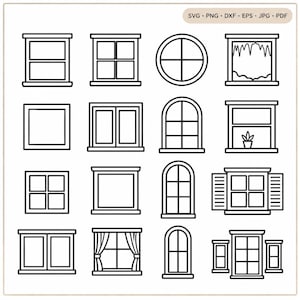 May include: A digital collection of sixteen black and white line art window icons arranged in a grid. The set includes various window shapes such as square, rectangular, arched, and circular designs, with some featuring curtains, shutters, or a potted plant. Text at the top reads SVG PNG DXF EPS JPG PDF.