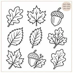May include: A collection of nine black and white line art illustrations featuring various autumn-themed elements including different leaf shapes and acorns. The graphic includes text in the top right corner reading SVG, PNG, DXF, EPS, JPG, PDF.