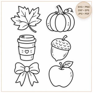 May include: A digital illustration set featuring six black and white line art icons: a maple leaf, a pumpkin, a coffee cup with a heart, an acorn, a bow, and an apple. A circular badge in the corner displays the text SVG, PNG, DXF, EPS, JPG, PDF.