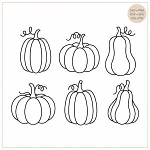Pode incluir: Uma coleção de seis ilustrações de arte linear em preto e branco de abóboras de várias formas e tamanhos, cada uma com um caule e uma gavinhas encaracolada. Um pequeno emblema circular no canto superior direito exibe o texto SVG, PNG, DXF, EPS, JPG, PDF.