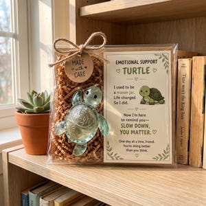 Könnte beinhalten: Eine klare Glastierfigur in einer transparenten Tüte mit braunen Papierstreifen, einem runden Anhänger mit der Aufschrift Made with Care und einer Karte mit dem Titel Emotional Support Turtle und Text über Entschleunigung, gebunden mit Bindfaden.