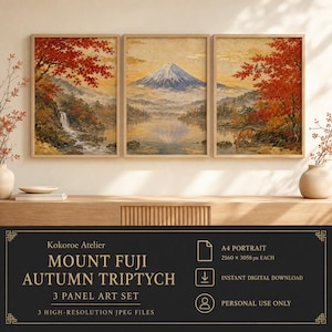 May include: A triptych wall art set featuring a landscape of Mount Fuji in autumn. The three panels display vibrant red maple trees, a snow-capped mountain peak, a calm lake, a waterfall, and a deer. The text reads Kokoroe Atelier Mount Fuji Autumn Triptych.