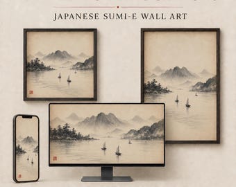 Han'ei (Segelskugga) | Japansk bläckmålning som föreställer en liten båt och ett landskap | Väggkonst i zen/japansk stil | Digital nedladdning
