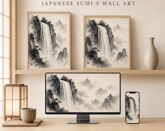 Puede incluir: Dos impresiones enmarcadas, un monitor de computadora y un teléfono inteligente que muestran una pintura de paisaje de cascada en blanco y negro estilo sumi-e. El texto BAKUFU - WATERFALL JAPANESE SUMI-E WALL ART y INSTANT DIGITAL DOWNLOAD FOR PHONE, DESKTOP & PRINT es visible.