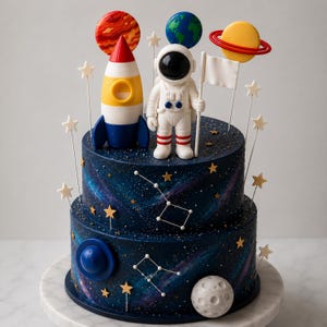 May include: A two-tier space-themed cake with dark blue galaxy frosting, decorated with white star toppers, constellation patterns, a rocket ship, a white astronaut figurine holding a flag, and various planetary spheres including Earth and Saturn.