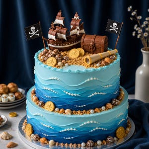 Puede incluir: Un pastel de dos niveles en degradado azul, decorado con perlas blancas que imitan olas del mar. La parte superior está cubierta de arena de azúcar morena, un barco pirata de chocolate, un cofre del tesoro, un catalejo, monedas de oro y dos banderas negras.