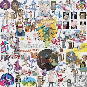 May include: A collage of various cartoon characters from Regular Show, featuring Mordecai, Rigby, Benson, Skips, Muscle Man, and Pops in diverse poses and outfits. The text Regular Show appears in the centre, surrounded by numerous colourful illustrations.
