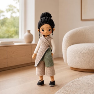May include: A handcrafted crochet doll with dark hair styled in a high bun. The doll wears a long-sleeved white top, a beige wrap-style vest with a single button, sage green shorts, and black shoes. The doll has a tan complexion and rosy cheeks.