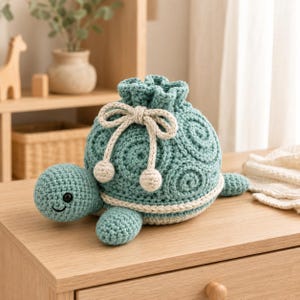 May include: A teal crochet turtle-shaped drawstring pouch featuring a textured spiral pattern on its shell, a cream-colored cord with two small pom-poms, and a smiling face with black eyes. The turtle has four small legs and a short tail.