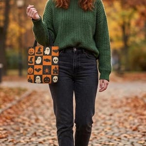 Bolso de mano con iconos de Halloween / Estampado de cuadros con calabazas, fantasmas y murciélagos