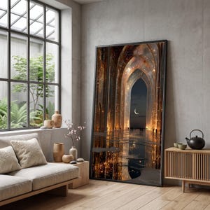 Celestial Gothic Archway Canvas, Mystical Night Sky Moon Decor, Dreamy Light Reflection Art