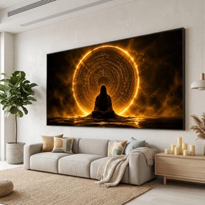 May include: A large rectangular wall art piece featuring a silhouette of a person sitting in a meditative pose centered before a glowing golden circular portal with intricate concentric ring patterns against a dark, nebulous background.