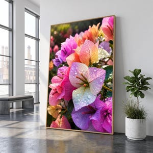 Toile représentant des bougainvillées en fleurs, art floral de la rosée du matin, décoration naturelle et vibrante pour le jardin