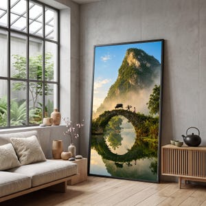 Stone Arch Bridge Canvas, Rural Landscape Reflection Art, Mountain Nature Scene Home Decoration