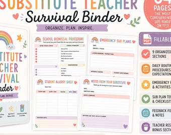 Substitute Teacher Survival Binder |Editable Fillable PDF | Emergency Sub Plans