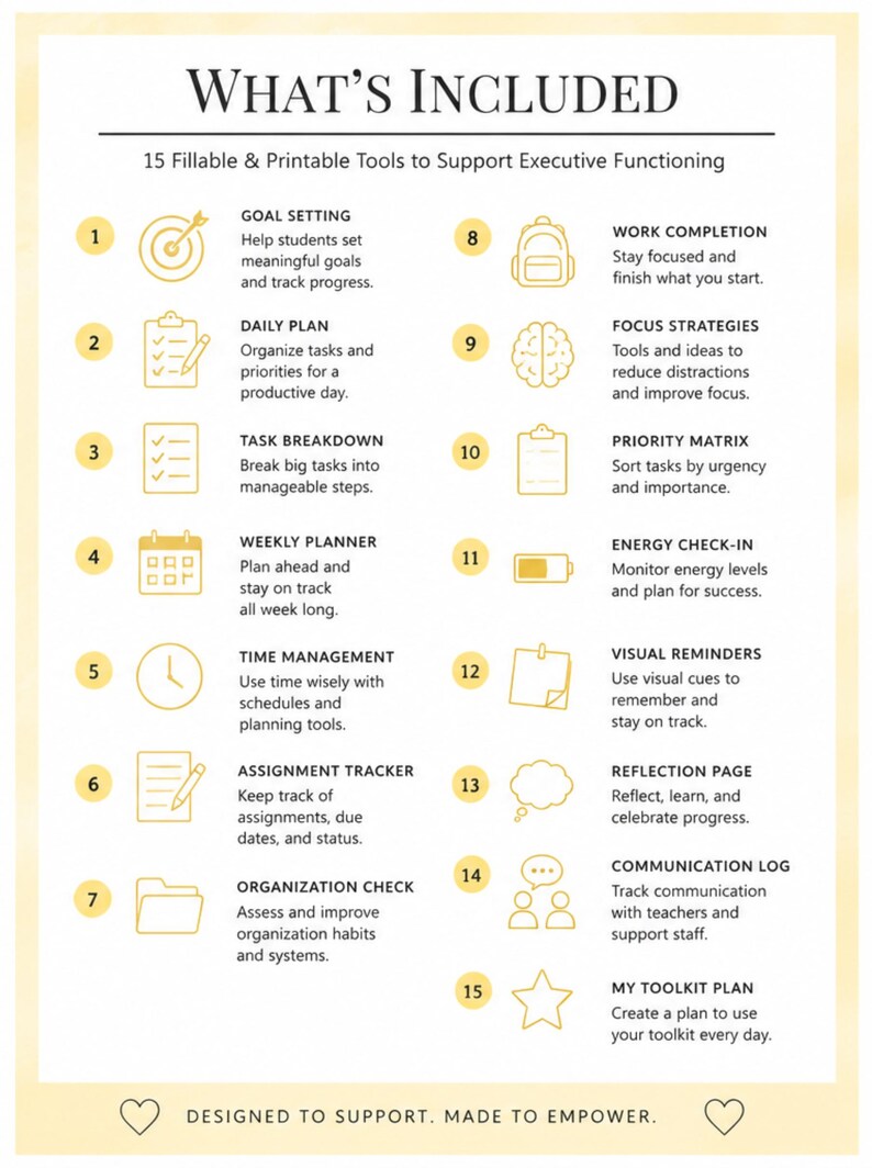 May include: A white informational sheet titled WHAT'S INCLUDED, listing 15 fillable and printable tools for executive functioning. Each numbered item features a gold icon and text describing organizational aids like goal setting, planners, and trackers.