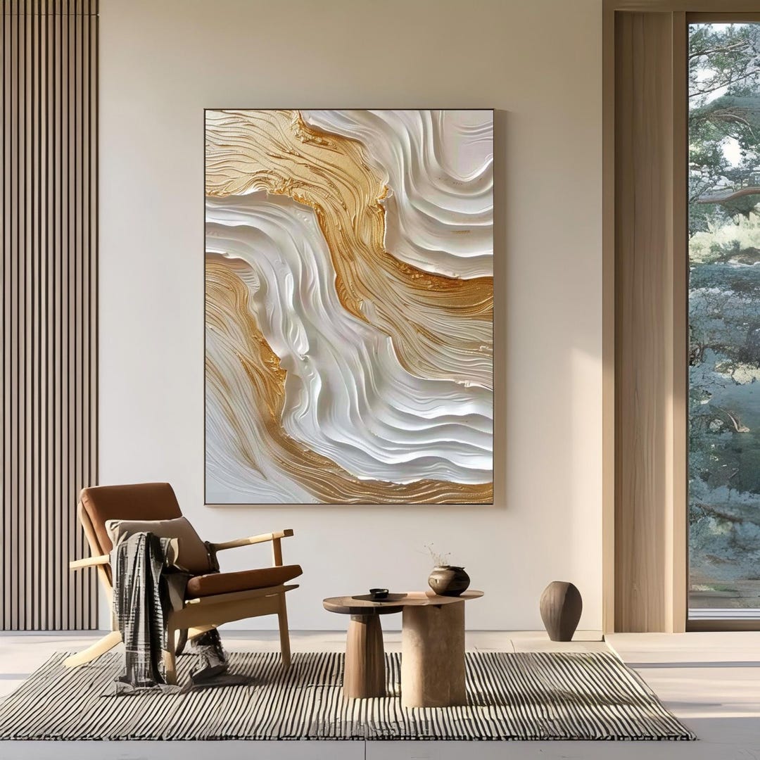 Large3d Textured Abstract Painting White Gold Wall Art Luxury Impasto 