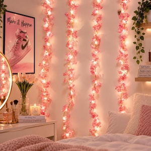 Blumen-Lichterkette, rosa Kirschblütengirlande mit 20 warmweißen LEDs