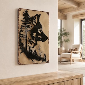 Art Mural en Métal Loup, Paysage Nature, Décoration Artisanale Rustique et Moderne