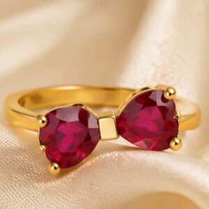 Red Ruby Heart Bow Ring, Romantic Gemstone Jewelry, Promise Band, Elegant Valentine Gift for Her, July Birthstone, Dainty Statement Ring