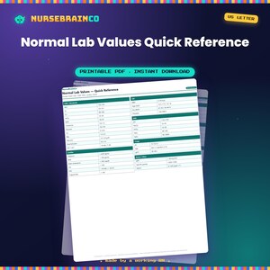 May include: A digital document titled Normal Lab Values Quick Reference by NurseBrainCo. The white US Letter page features a structured table with green headers, listing medical lab values for metabolic, cardiac, CBC, ABG, and coagulation panels.