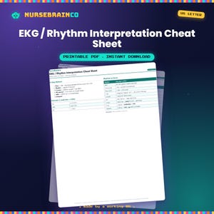 Könnte beinhalten: Ein weißes EKG-Rhythmus-Interpretations-Spickzettel-Dokument mit dunkel-türkisfarbenen Überschriften und Text. Die Seite enthält eine 6-Schritte-Methode, Intervallmessungen und eine Tabelle der zu kennenden Rhythmen, formatiert für US-Letter-Papier.