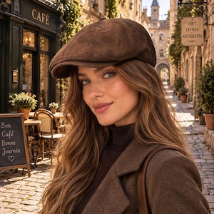 May include: A brown suede flat cap with a rounded crown and a short, stiff brim. The cap features a multi-panel construction with visible stitching along the seams, providing a structured shape that sits securely on the head.