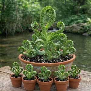 May include: A large terracotta pot containing a succulent with light green, curled, spiral-shaped leaves featuring dark green spots, surrounded by five smaller terracotta pots, each holding a single, smaller version of the same succulent plant.