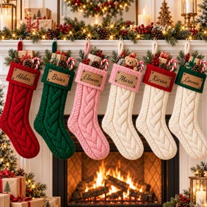 Può includere: Sei calze natalizie in maglia a trecce nei colori rosso, verde, rosa e crema, ognuna con un'etichetta in pelle personalizzata con i nomi Alden, Briar, Elowen, Maris, Kieran o Linnea, riempite con rami di pino, bastoncini e piccoli doni.