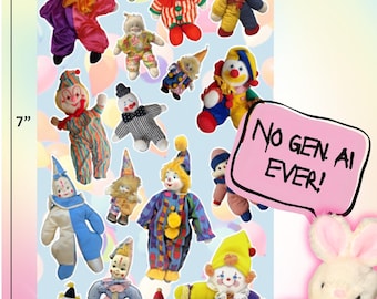 May include: A collection of fifteen small clown dolls in various colorful outfits, arranged on a light blue background with balloon graphics. A white plush rabbit sits in the corner with a pink speech bubble reading NO GEN AI EVER!