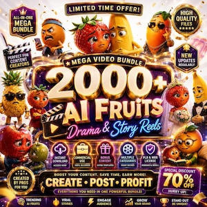 Könnte beinhalten: Eine digitale Werbegrafik für ein 2000+ AI Fruits Drama & Story Reels Paket. Das Bild zeigt verschiedene anthropomorphe Fruchtfiguren, darunter eine Erdbeere, eine Banane, eine Ananas und eine Orange, vor einem dunklen, verzierten Hintergrund.