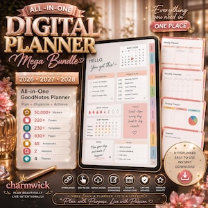May include: An all-in-one digital planner mega bundle displayed on a tablet screen, featuring a 2026 calendar, daily schedule, habit tracker, and notes section. The bundle includes 50,000+ stickers, 220+ covers, 230+ templates, 830+ pages, and 48 notebooks.