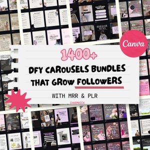 May include: A digital product bundle featuring 1400+ DFY carousels that grow followers with MRR and PLR. The white central graphic displays the text 1400+ DFY CAROUSELS BUNDLES THAT GROW FOLLOWERS WITH MRR & PLR, surrounded by a grid of social media templates.